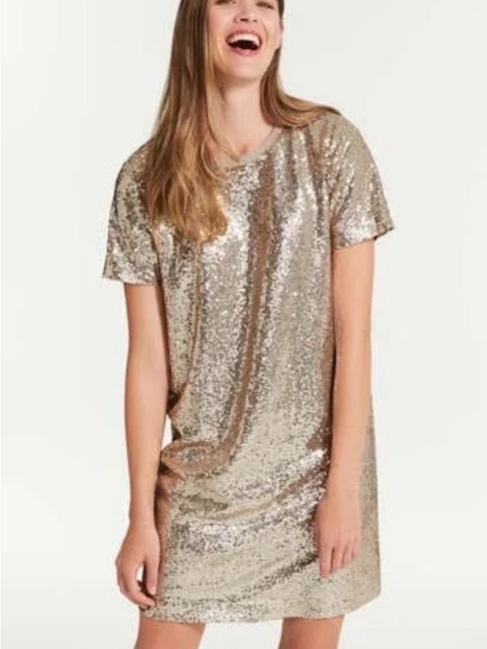 Joe Fresh Champagne Sequin Mini Shift Tee Shirt Dress Women’s Size Small - Picture 9 of 9